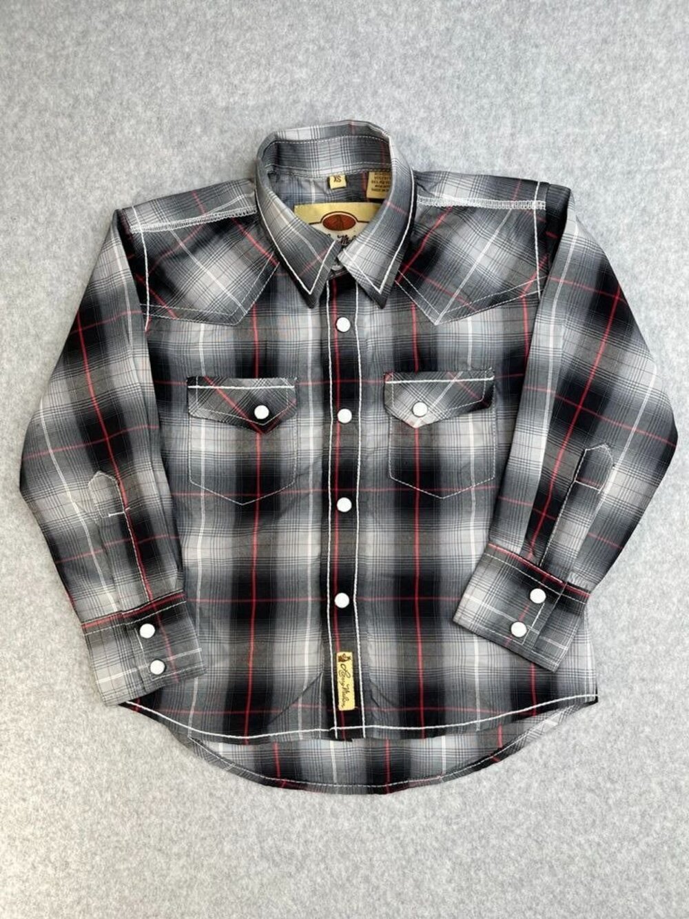 Larry Mahan Boys Pearl Snap Western Shirt Size XS Red Black Plaid Long Sleeve